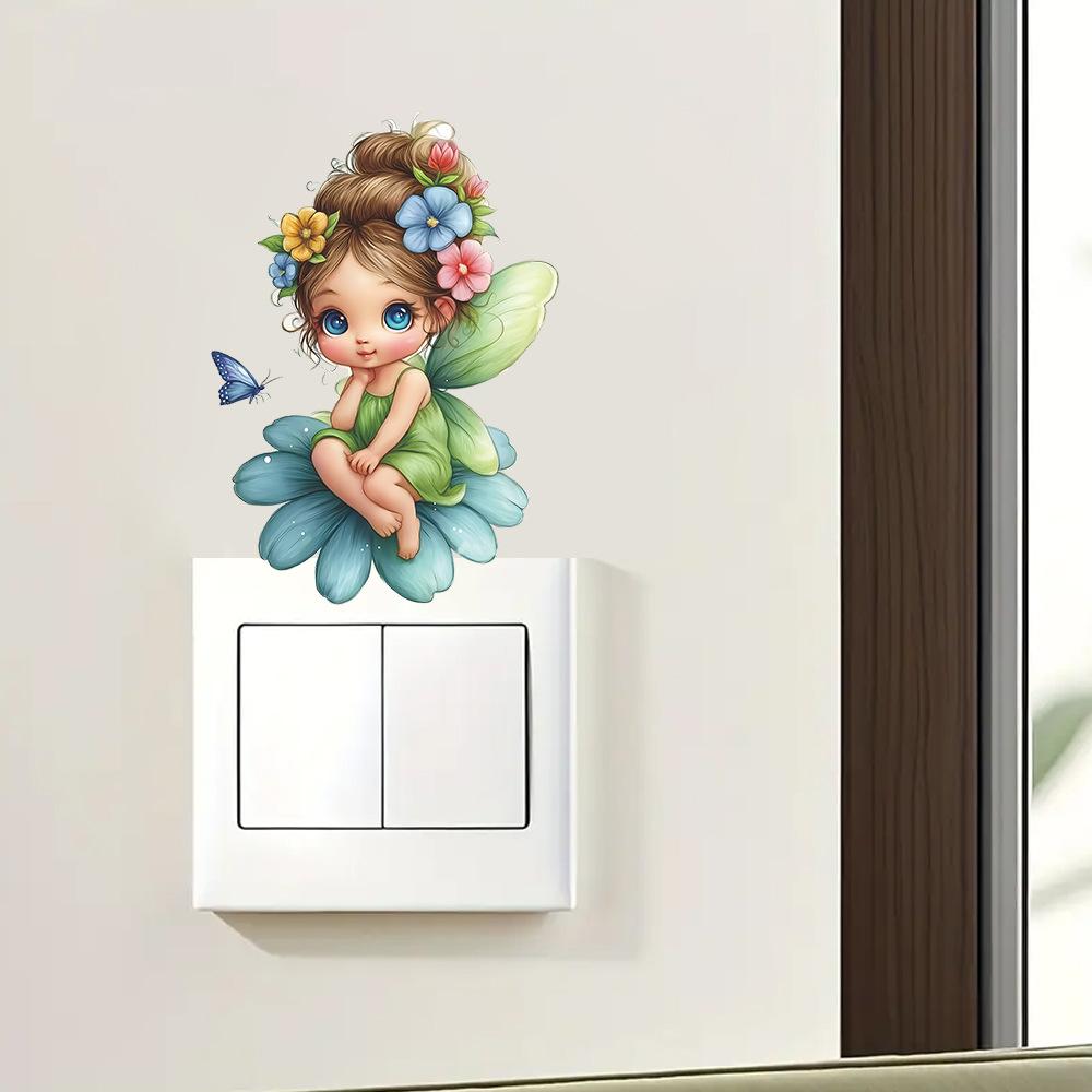 Cartoon Niedlicher Elf Blume Schmetterling Kinderzimmer Wandschalter Dekorative Aufkleber