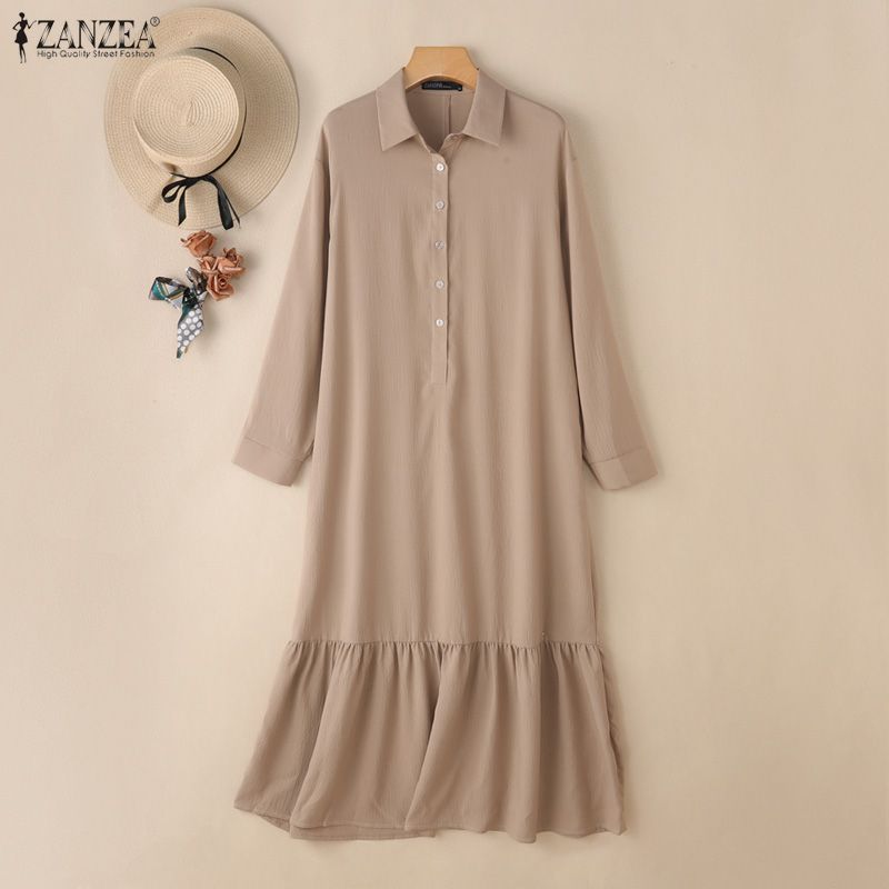 ZANZEA Women Casual Turn Down Collar Solid Color Long Sleeve Dress