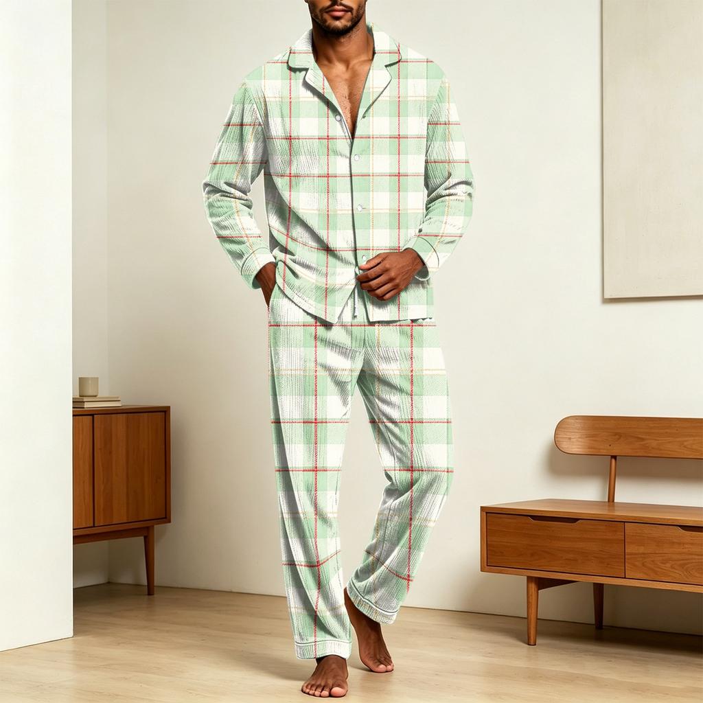 Men's Corduroy Pajama Set - Printed Button Collar Long Sleeve Loose Fit Casual Sleepwear