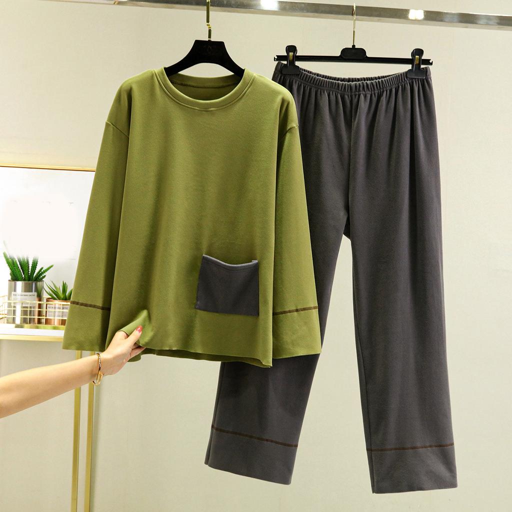 Ladies' Casual And Comfortable Long Sleeved Solid Color With Thick Velvet Sleepwear And Warm Pants Set