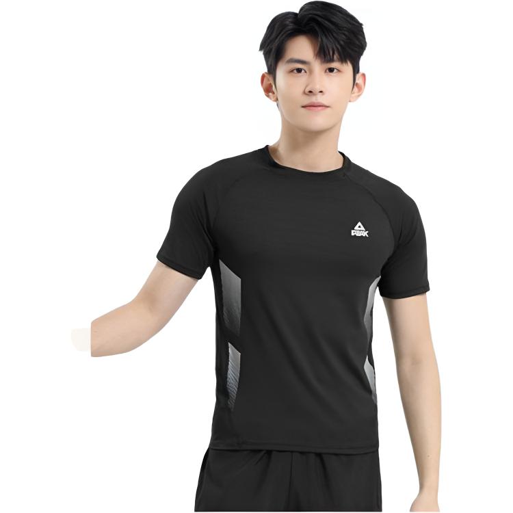 Peak Logo Letter Print Breathable Quick-Dry Short Sleeve Elastic Waist Shorts Casual Sports Suit Unisex Suit Black YS02135+YS01306