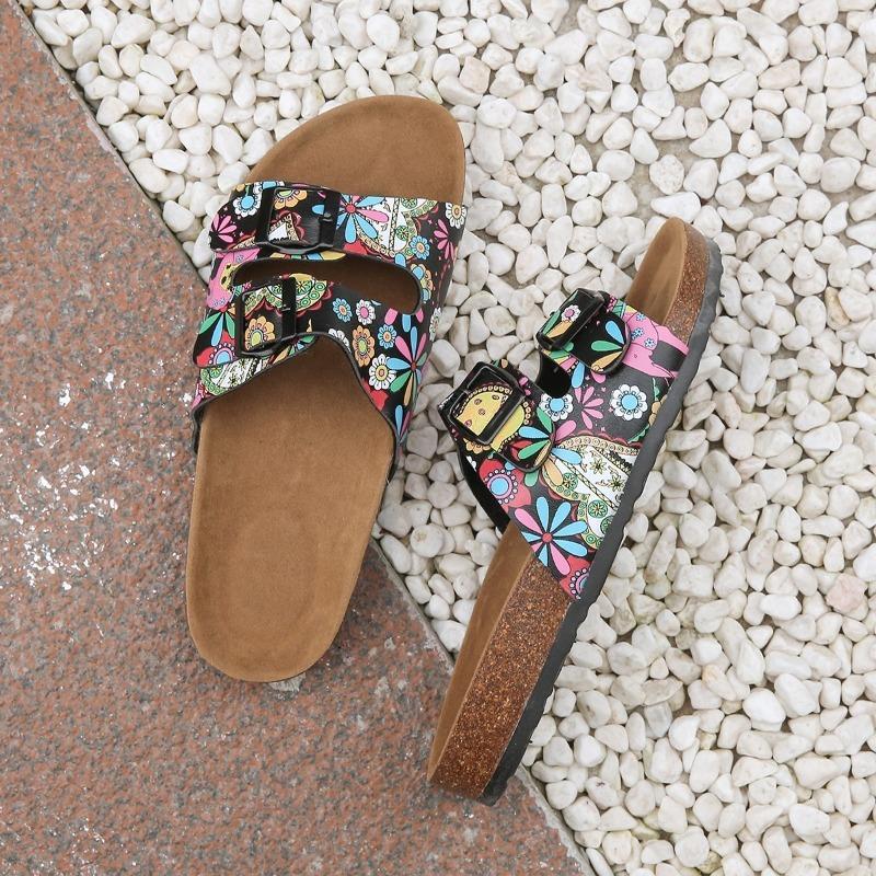 Fashion 2025 Brand Ladies Shoes Open Toe Women's Slippers Fashion Belt Buckle New Printing Summer Plus Size Outdoor Flat Slipperszapatos