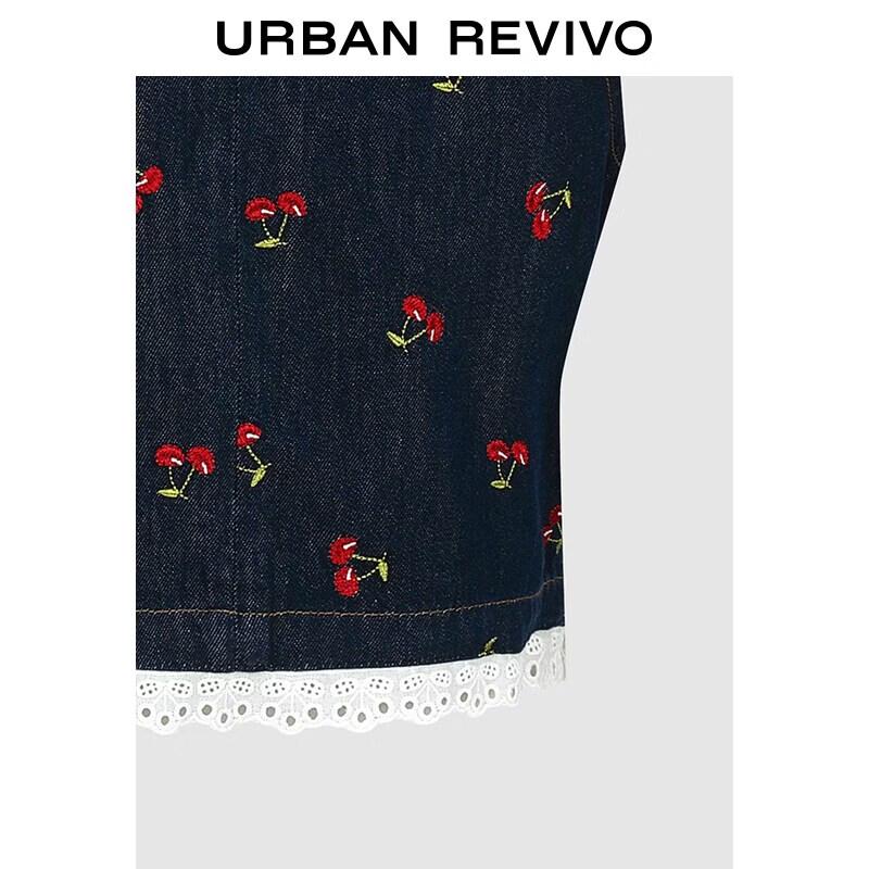 UR2026 Women's Cherry Embroidered Cropped Denim Shirt