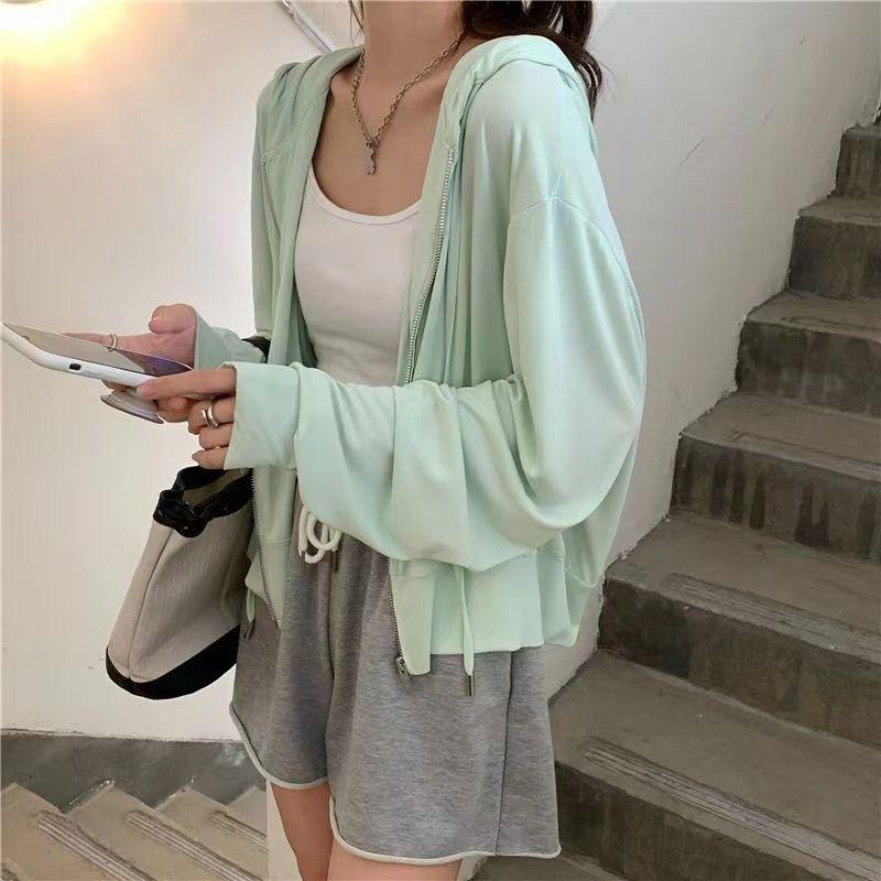 Women's White & Gray Hooded Cardigan Sweatshirt: 2025 Spring/Autumn Loose Fit Short American Style Baseball Jacket
