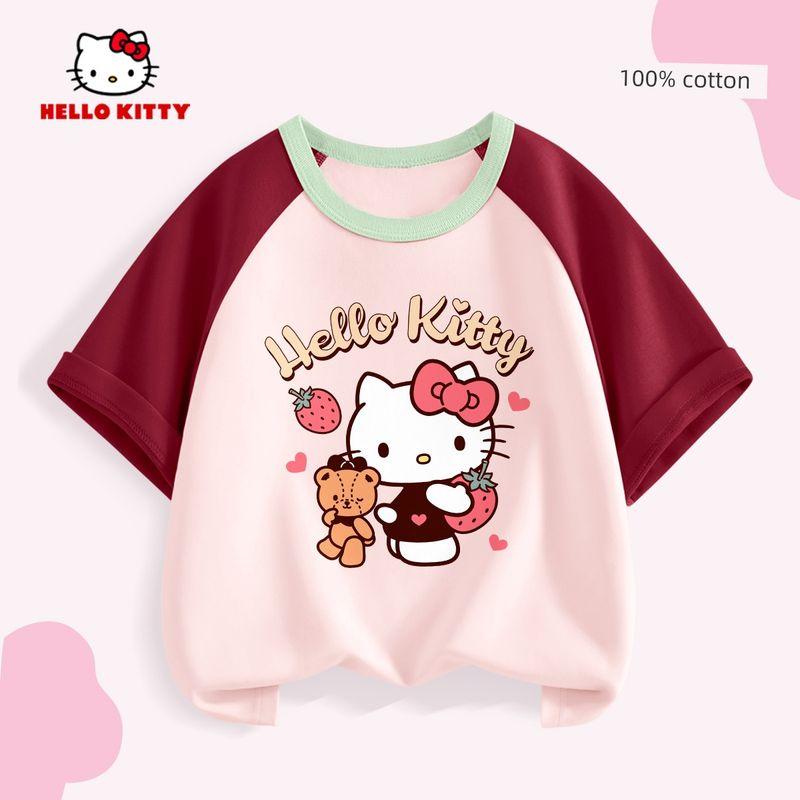 Hello Kitty Girls' Solid Color Short-Sleeve 2026 New Children's T-Shirt Summer Outfit Color-Blocked Pure Cotton T-Shirt Trendy