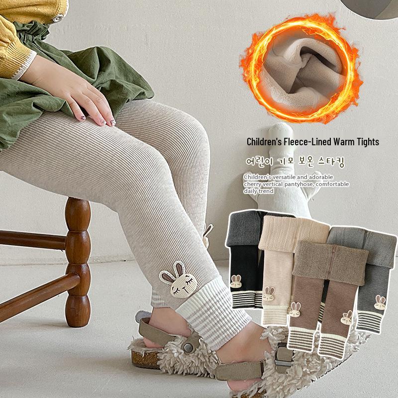 Girls' Velvet-Lined Fleece Leggings - Medium-Thick, Striped Rabbit Design for Winter