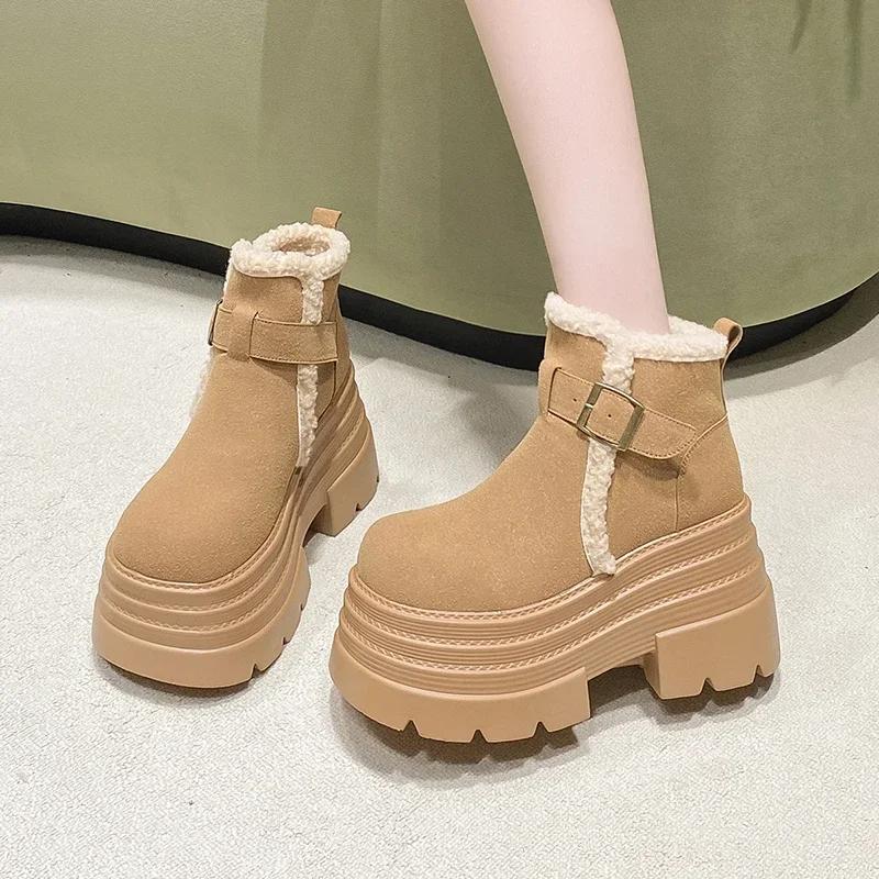 Fashion 10CM New Winter Women's Warm Snow Boots Outdoor Plush Ankle Shoes Anti-skid Chunky Leather Sneakers Buckle Short Fur Boots Woman