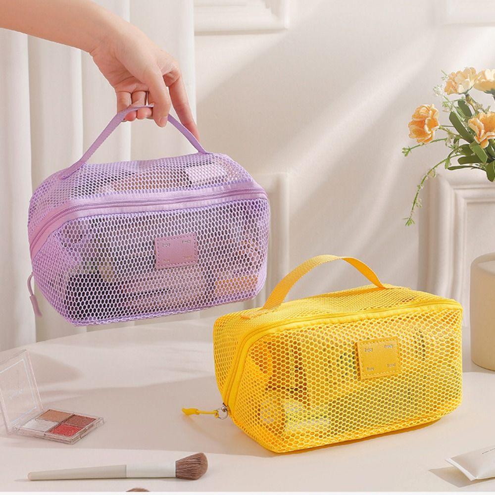 Durable Solid Color Mesh Cosmetic Bag Zipper Transparent Makeup Pouch Large Capacity Lightweight Toiletry Storage Bag Lipstick