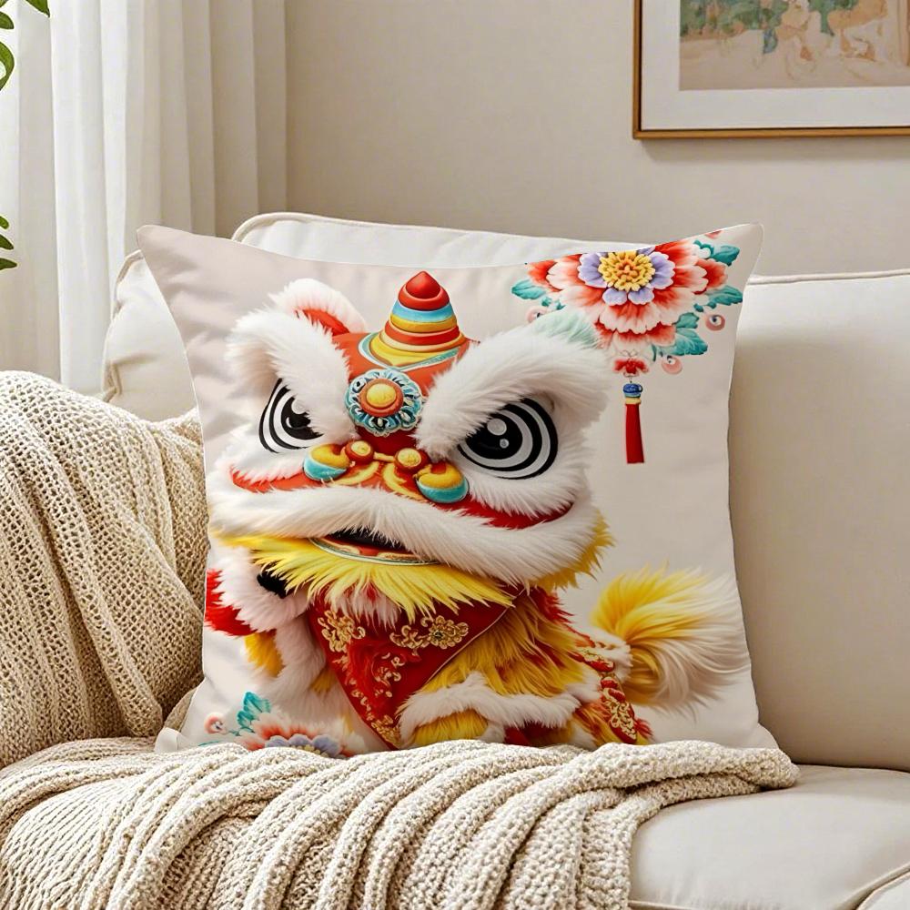 Fashion Traditional Dancing Lions Anime Lucky Cushion Cover Linen Pillowcase Soft For Sofa Bed Home Room Decor