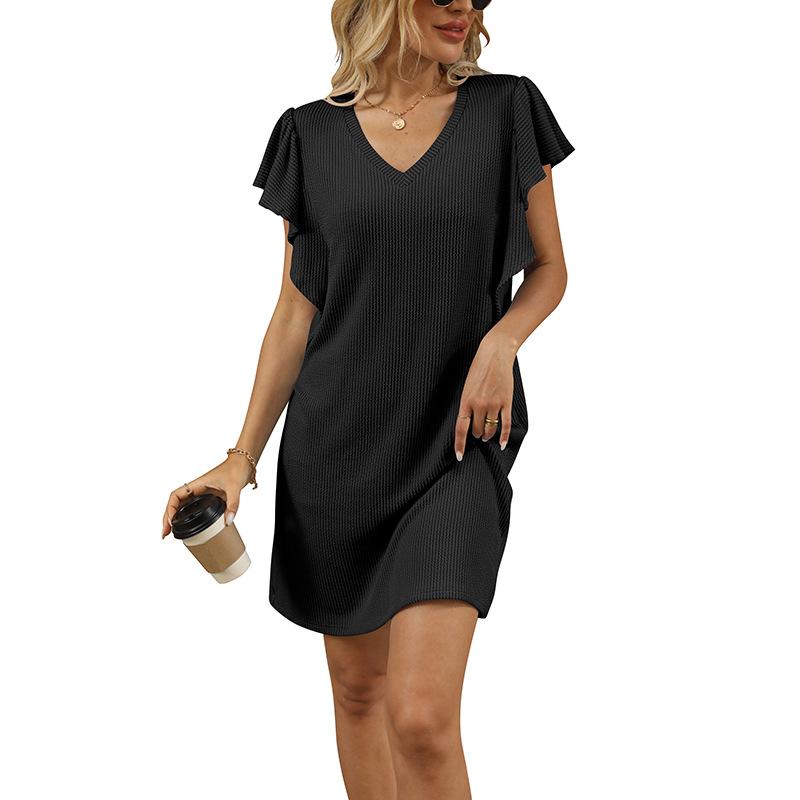 

Летнее новое женское трансграничное европейское и американское платье средней длины с контрастными цветами, скрученной полосой, V-образным вырезом и рукавами-воланами S чёрный