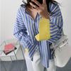 Spring Autumn Women's Fashion Color Blocking Striped Shirt Korean Style Loose Fit Slimming Medium-Length Base Shirt Casual