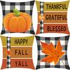 Pillow Set Autumn Thanksgiving Black and White Plaid Pumpkin Maple Leaf Linen Pillow Cover Cushion Cover