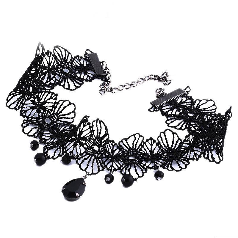Black Hollow Flower Choker with Water Drop Charm - Short Style for Covering Scars and Neck Lines