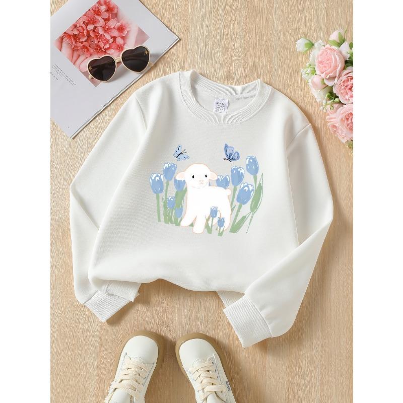 Kids Crewneck Sweatshirt, Cute Lamb Blue Tulips Butterfly Creative Print,Daily Casual Top for Spring & Autumn