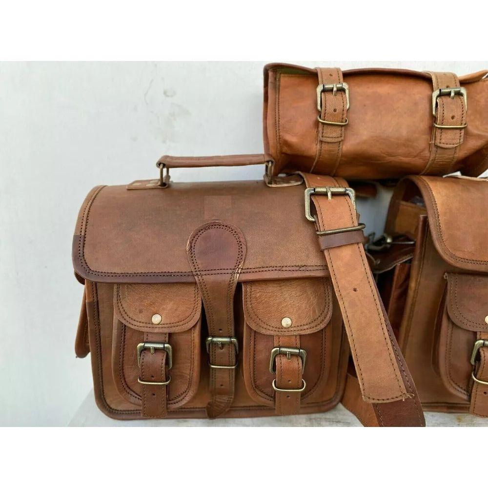 Leather Saddle Bag Motorcycle Saddle Pannier Bags Brown Saddlebag Fork Tool Bags