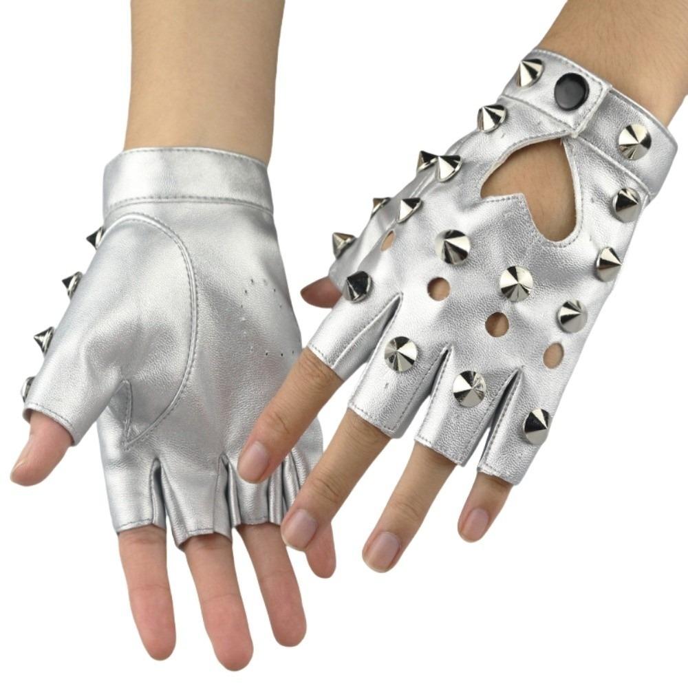 

Перчатки без пальцев с заклепками, перчатки из ПУ кожи, перчатки из лакированной кожи, модные перчатки с открытой ладонью, косплей серебряный