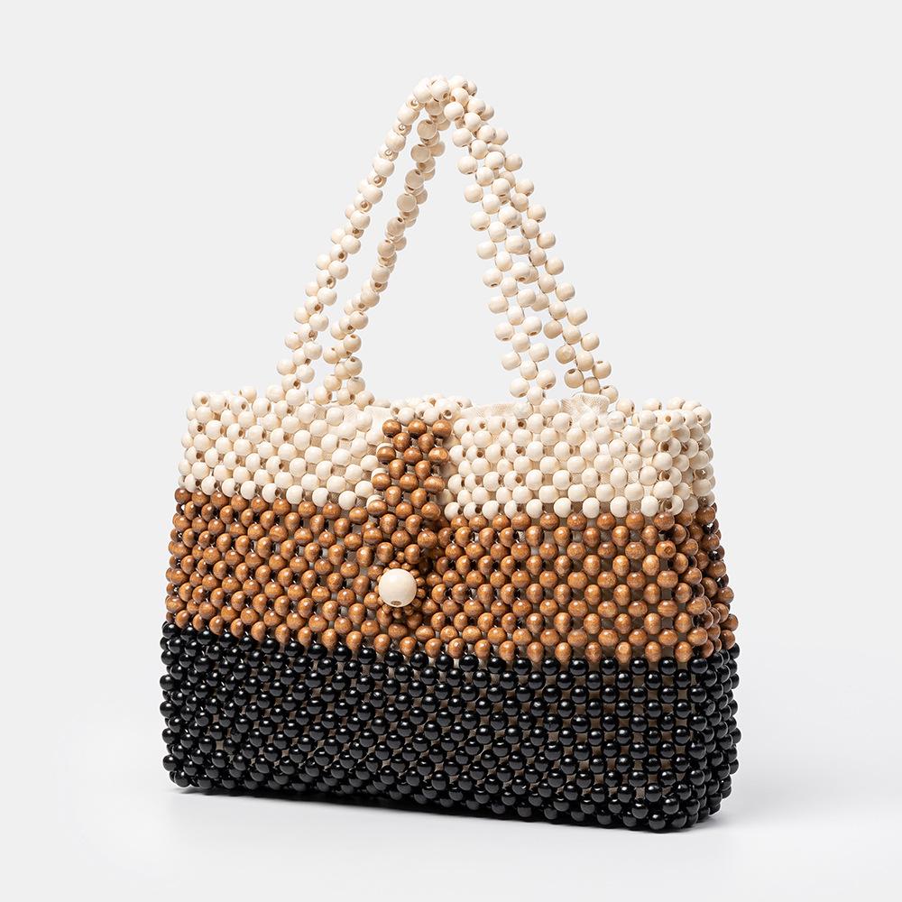 

Handmade Wooden Bead Bag New Women s Contrasting Color Tote Bag Bohemian Beaded Hollow-out Reticulate Netted Beach Handbags