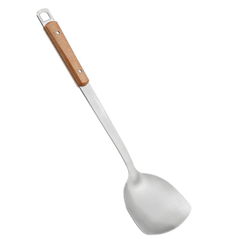 Stainless Steel Kitchen Utensil Set: Spatula, Frying Shovel, Soup Ladle & Slotted Spoon with Anti-Scald Wooden Handles.