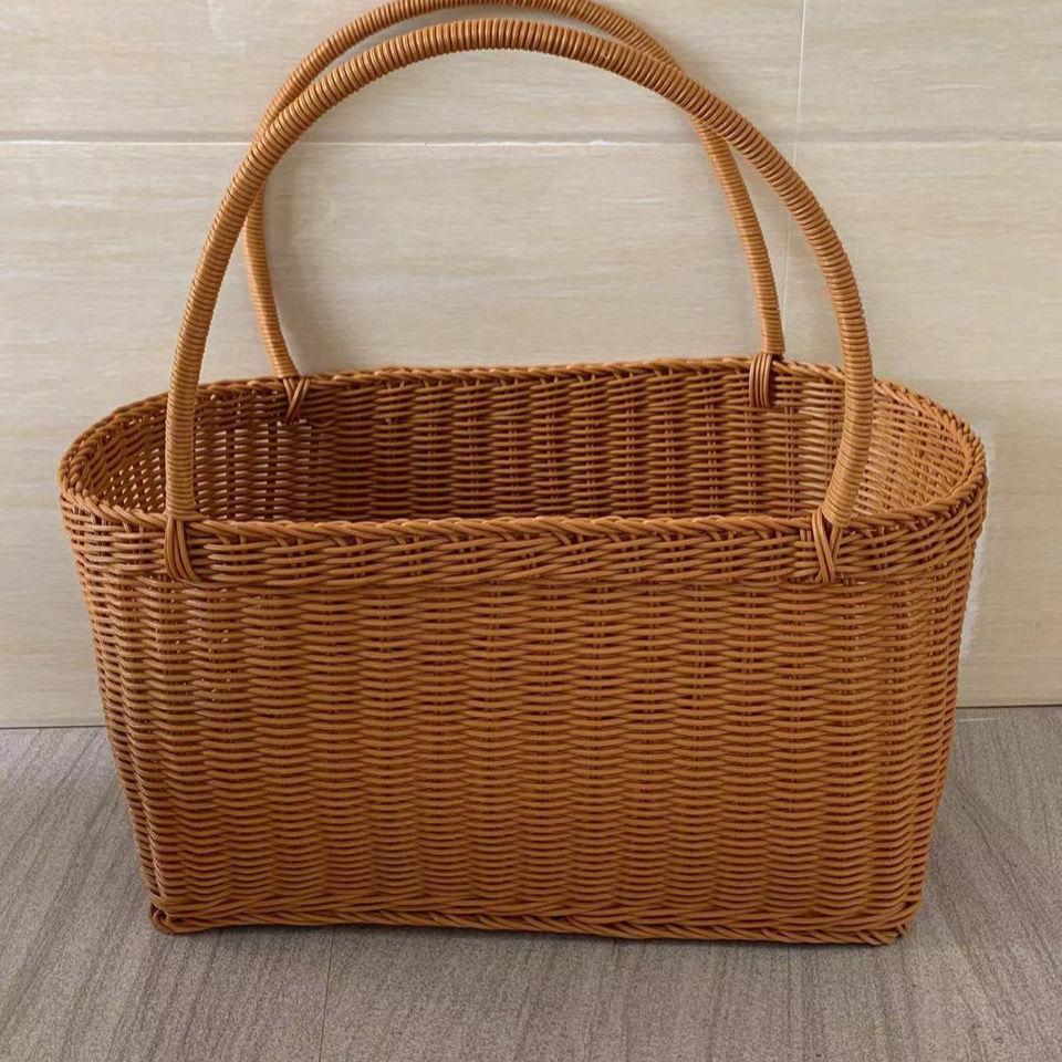 Rattan-Look Iron Frame Handbasket: Plastic Woven Flower, Vegetable, Shopping, Wedding Gift, Outdoor Restaurant Storage Basket.