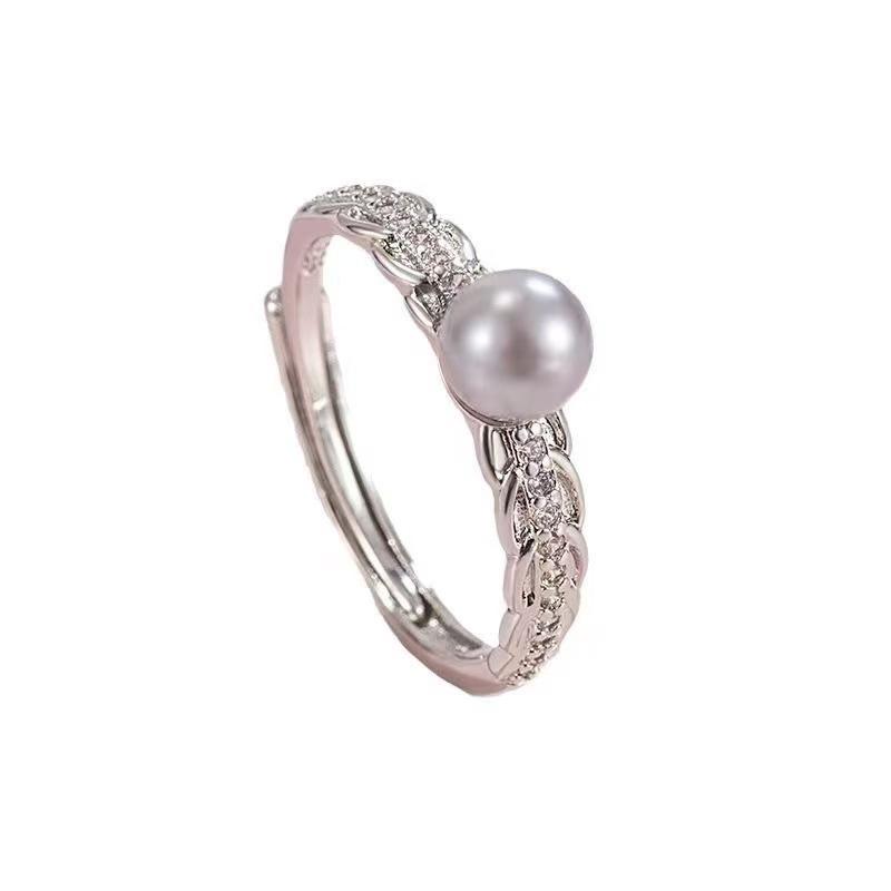 Elegant Wheat Ear Zircon & Pearl Adjustable Ring