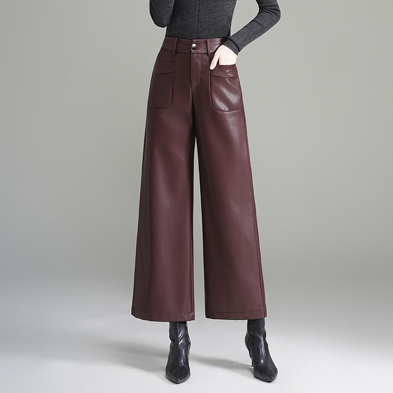 2025 Autumn/Winter Women's Black Sheepskin Leather Wide-Leg Pants