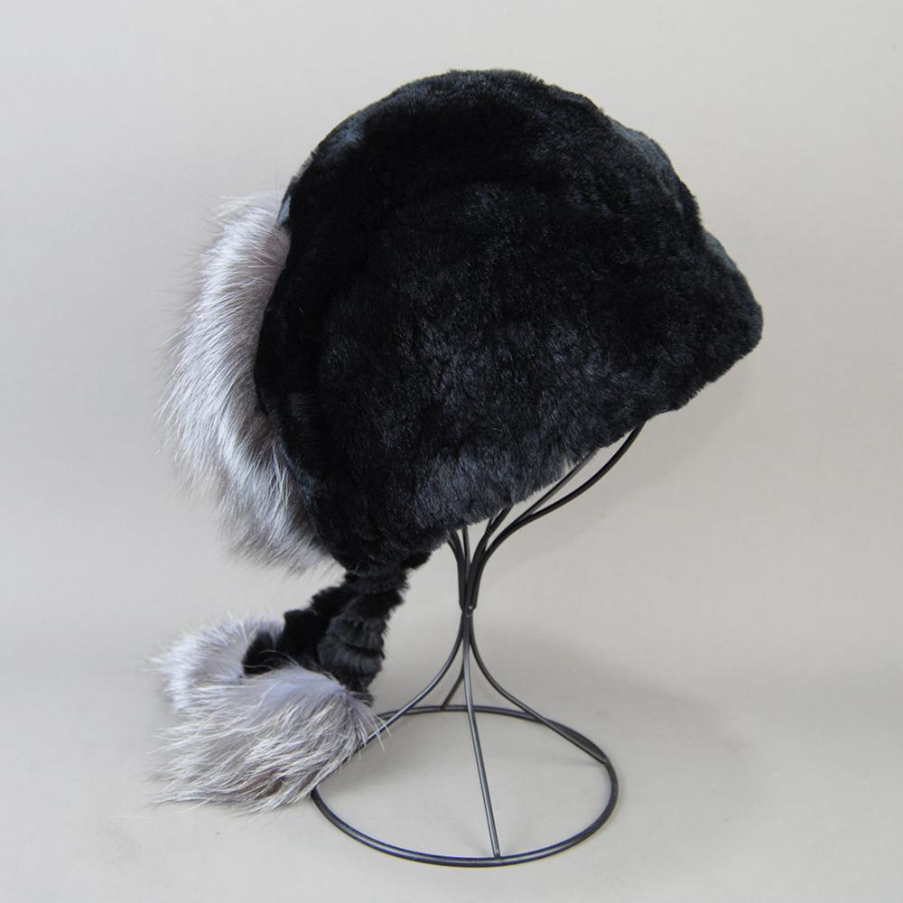 

New Winter Fur Hat for Women Real Rex Rabbit Fur Hats with Silver Fox Fur Flower Knitted Beanies Caps New High-end Women Fur Cap Adjustable чорний