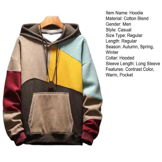 Men Autumn Hoodie Color Matching Thin Fleece Hooded Long Sleeves Oversized Keep Warm Big Pocket Casual Spring Hoodie for Daily Wear