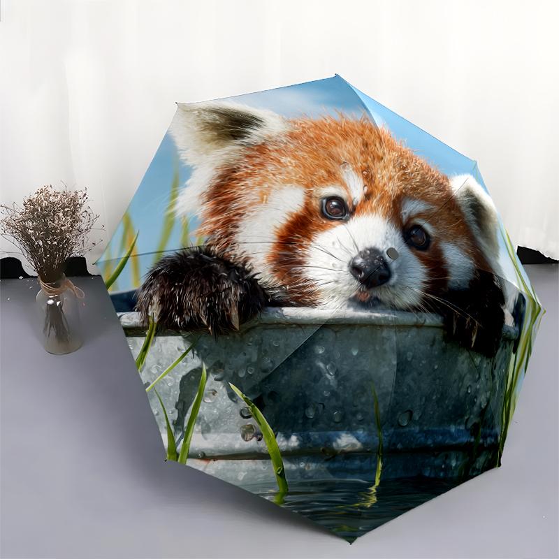 Fantasia Panda Rosso, ombrello pieghevole automatico, design portatile e pieghevole, 8 stecche, un regalo di Natale o di compleanno.