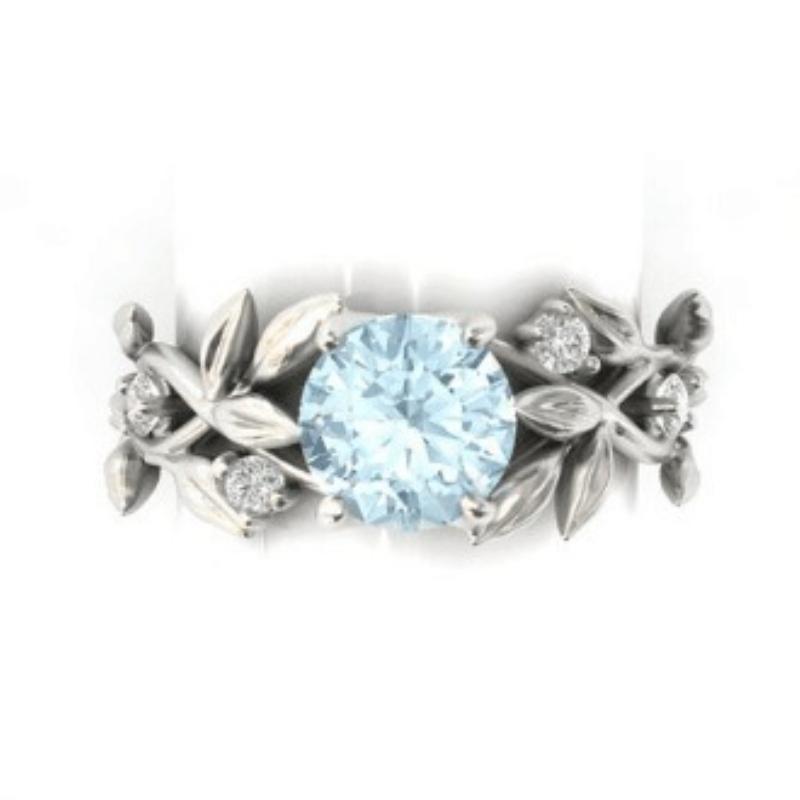 European and American Princess Olive Leaf Engagement Ring with Diamond Blue Zircon Set Ring, Jewelry