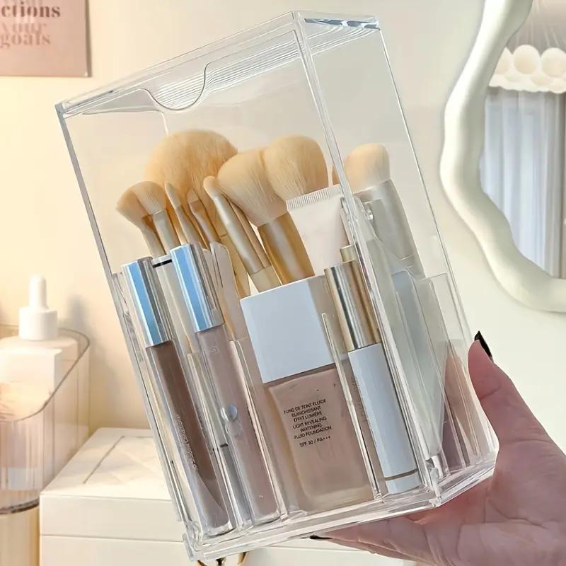 Large Capacity Clear Makeup Brush Storage Box with Front Flap Lid Acrylic Cosmetic Organizer for Brushes and Beauty Tools