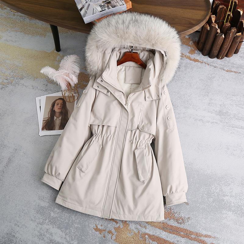 Pai Cotton Coat Women's Winter Hooded Thickened Mid-length Cold-proof Cotton Jacket Drawstring Waist Down Cotton Jacket