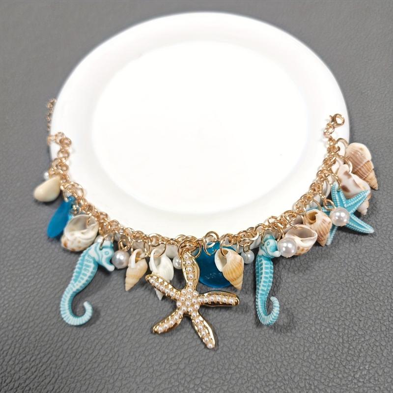 Bohemian Fashion Imitation Shell Starfish Seahorse Pendant Bracelet, Women's Beach Vacation Style Holiday Accessory Gift