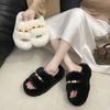 White thick-soled fluffy slippers for women's outer wear, one-word velvet to keep warm and increase height, autumn and winter 2025 new cotton slippers
