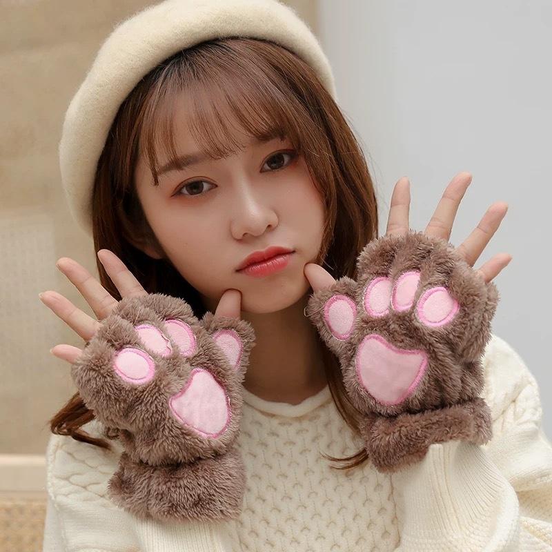 Women Gloves Bear Palm Paw Animals Plushclaw Glove Winter Fluffy Cat Paw Full Finger Gloves Keep Warm Lovely Soft Furry Mittens