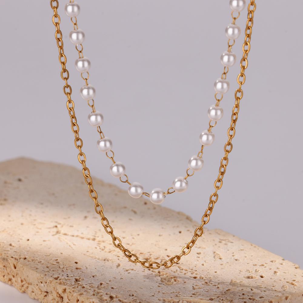 Mehrlagige Imitationsperlenkette für Damen Doppellagige Edelstahl Goldfarbene Schlüsselbeinkette Modeschmuck Geschenk