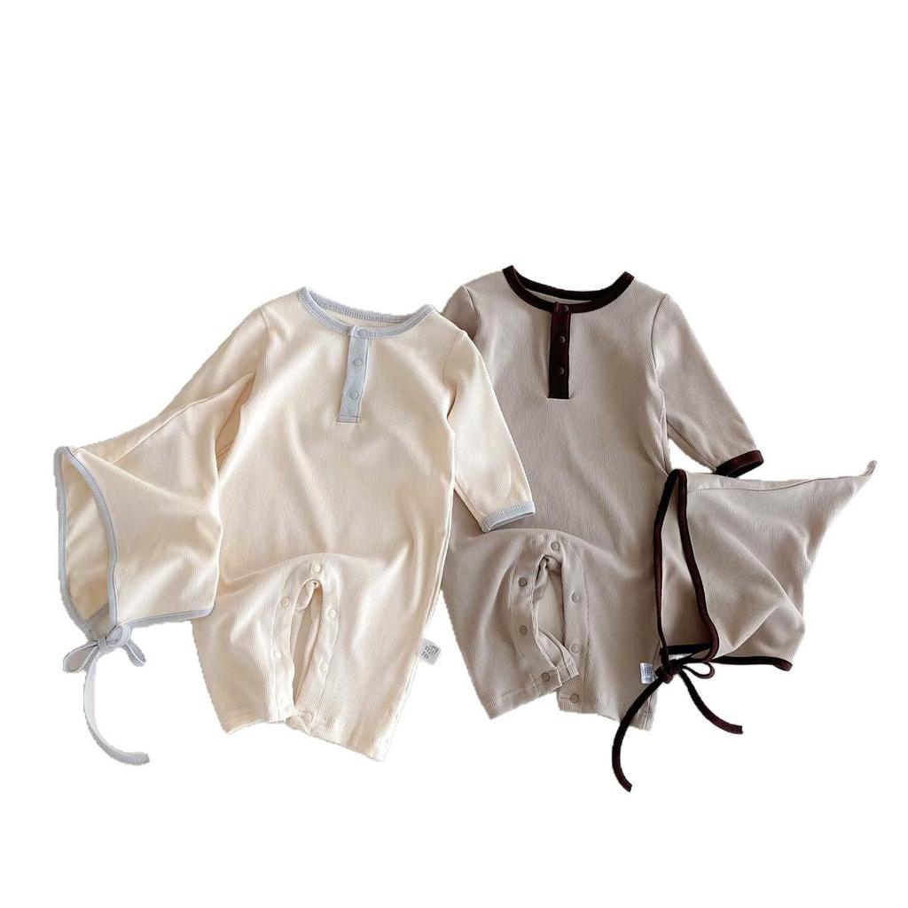 Baby Boy Autumn Rib Knit Long Sleeve Romper - Solid Color Newborn Onesie