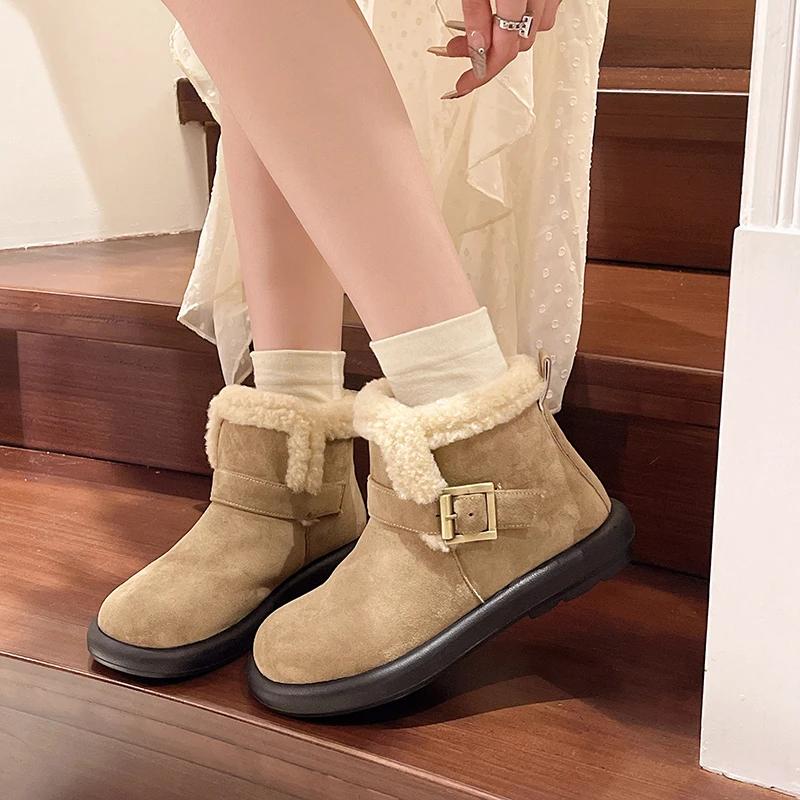 Fashion Flats Women Suede Ankle Boots Belt Buckle Plush Warm Shoes Woman Fashion Designer New 2025 Trend Winter Casual Cozy Botas Mujer