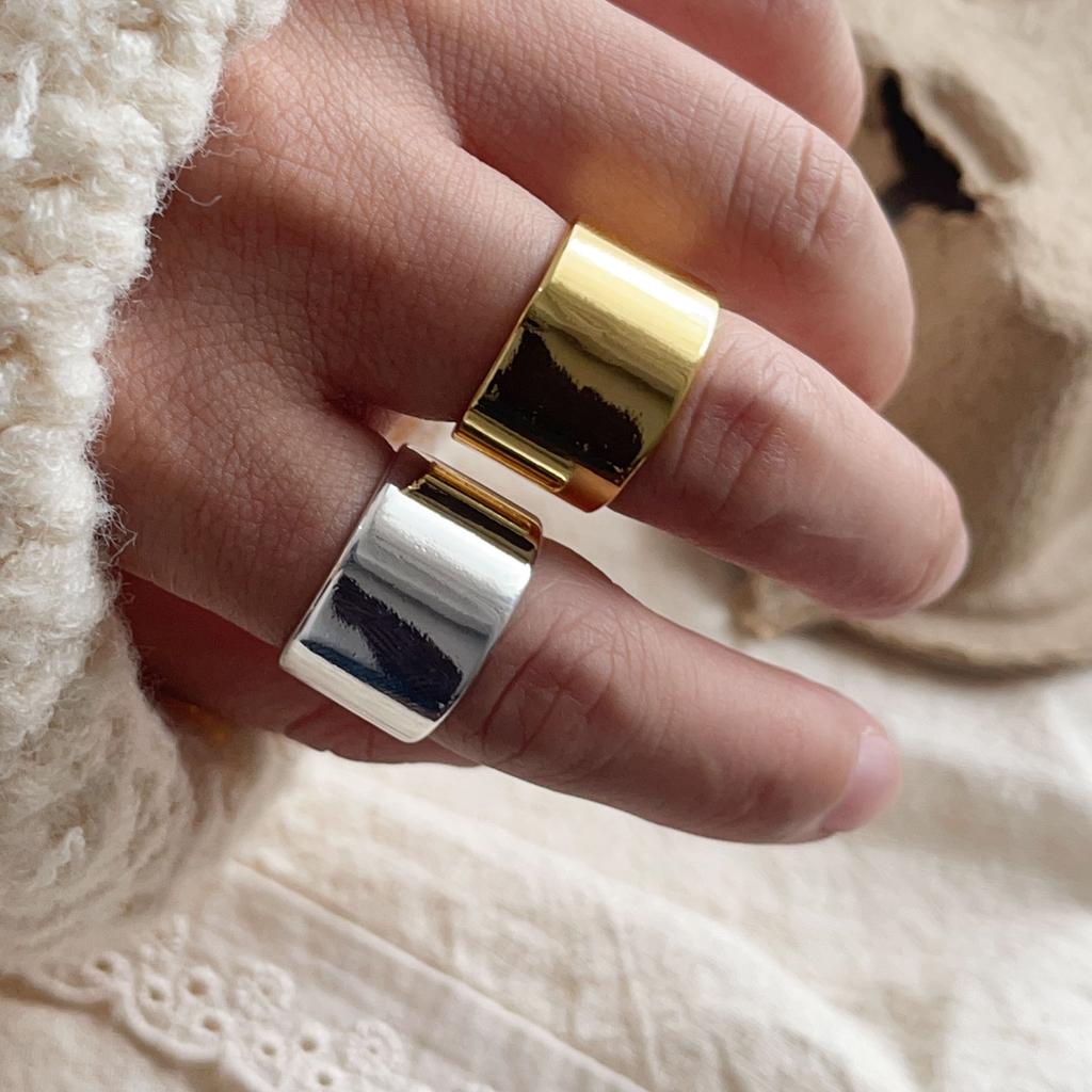 925 Sterling Silver Rings For Women Geometric Fine Jewelry Finger Adjustable Smooth Gold Wide Ring For Party Birthday Gift