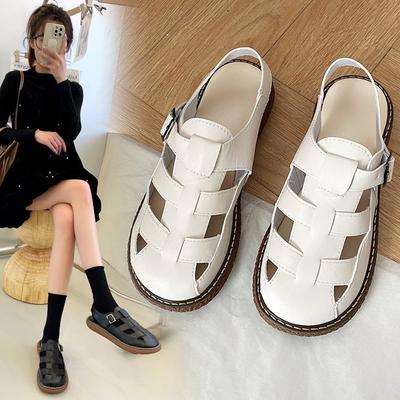 Sandalen Damen 2025 neue Damenschuhe Sommer Koreanische Version Taschenkopf flacher Boden Studenten-Sandalen Damen Wort Römische Schuhe Damen