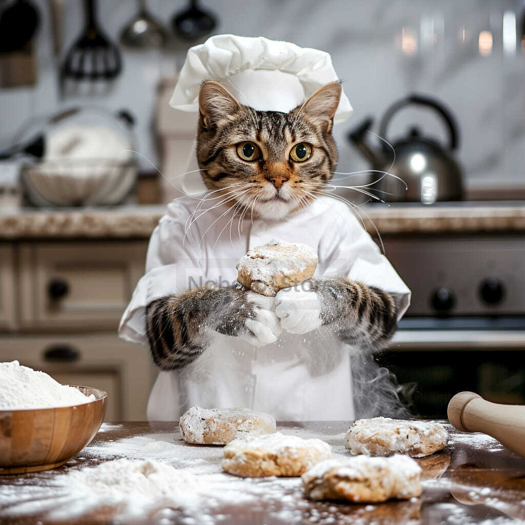 Lovely Cat Baker Making Dim Sum Poster Flour Cute Kitten Prints Canvas Wall Art Pictures Home Kitchen Room Modern Pet Decor