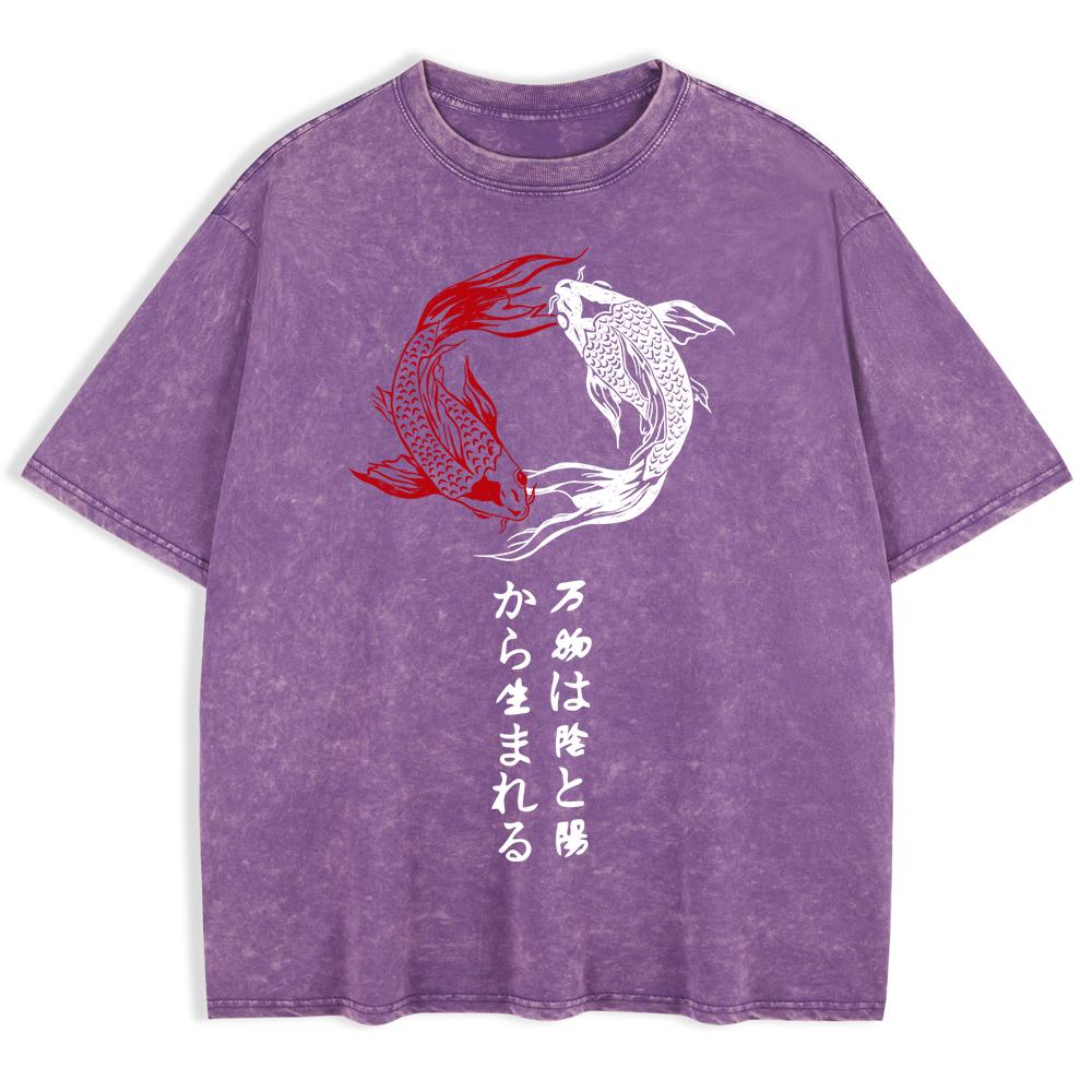 Japanese Koi Harajuku Printing Washed T-Shirts Mens Cotton Oversized T Shirt Summer Short Sleeve Tops O-Neck Clothes