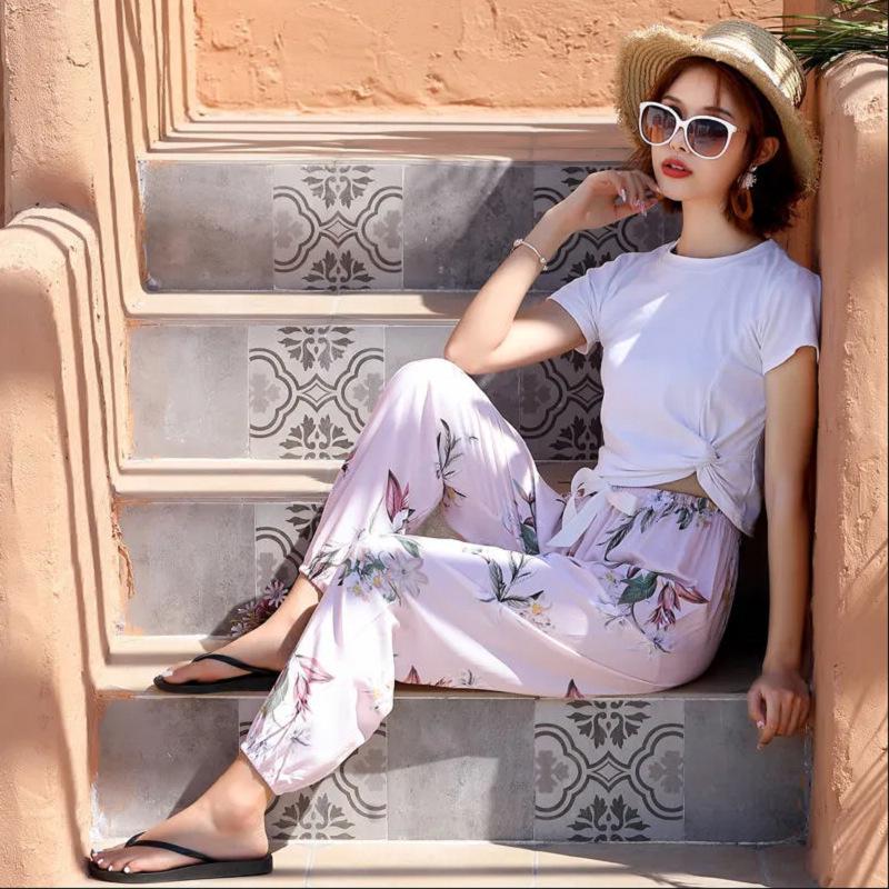 Pantaloni de vară pentru femei, din mătase, din bumbac, anti-țânțari, pentru plajă – pantaloni largi, casual de pijama