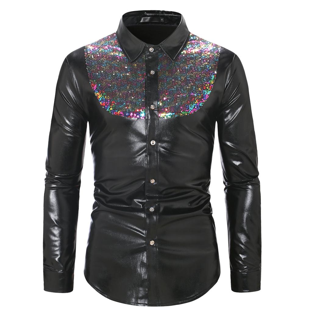 Mens Sequin Long Sleeve Shirt Party Nightclub Dance T-Shirt Shiny Button Tops