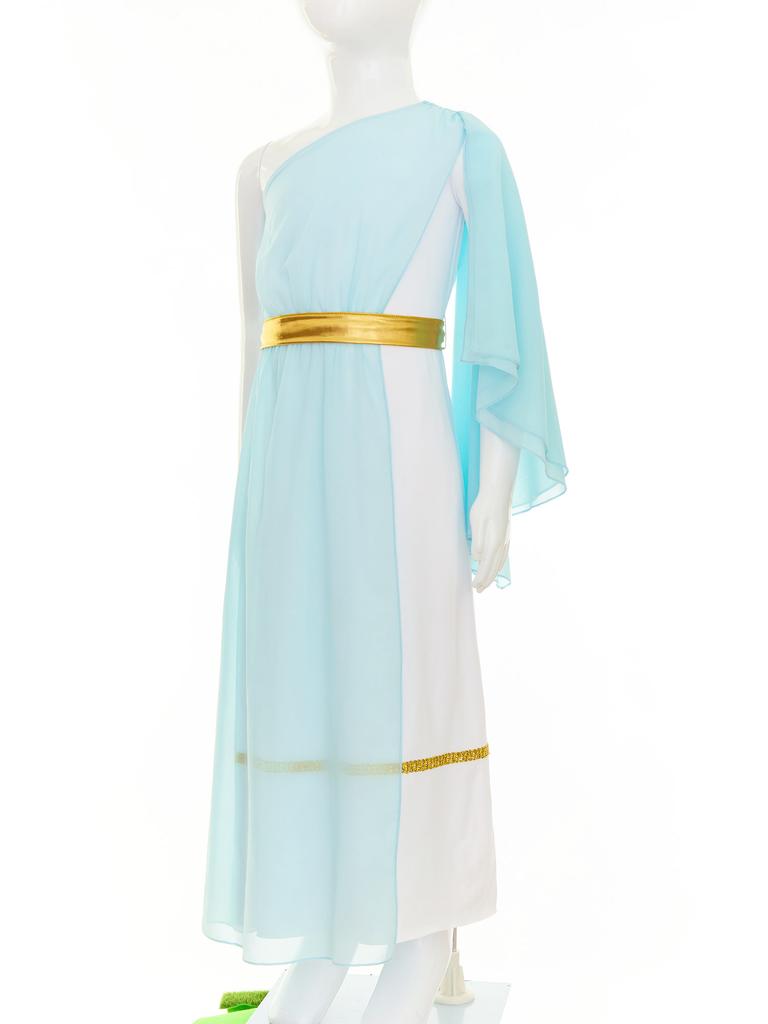 Girls Ancient Greek Roman Costume Single Shoulder Tulle Shawl Patchwork Flowy Dress Waistband Toga Party Outfit