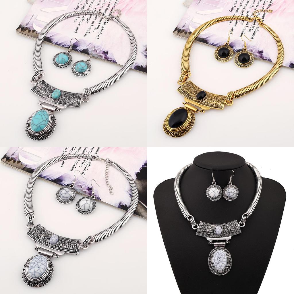Etnisk Stil Simulering Ädelstensprydnad Dam Halsband och Örhänge Set För Män och Kvinnor