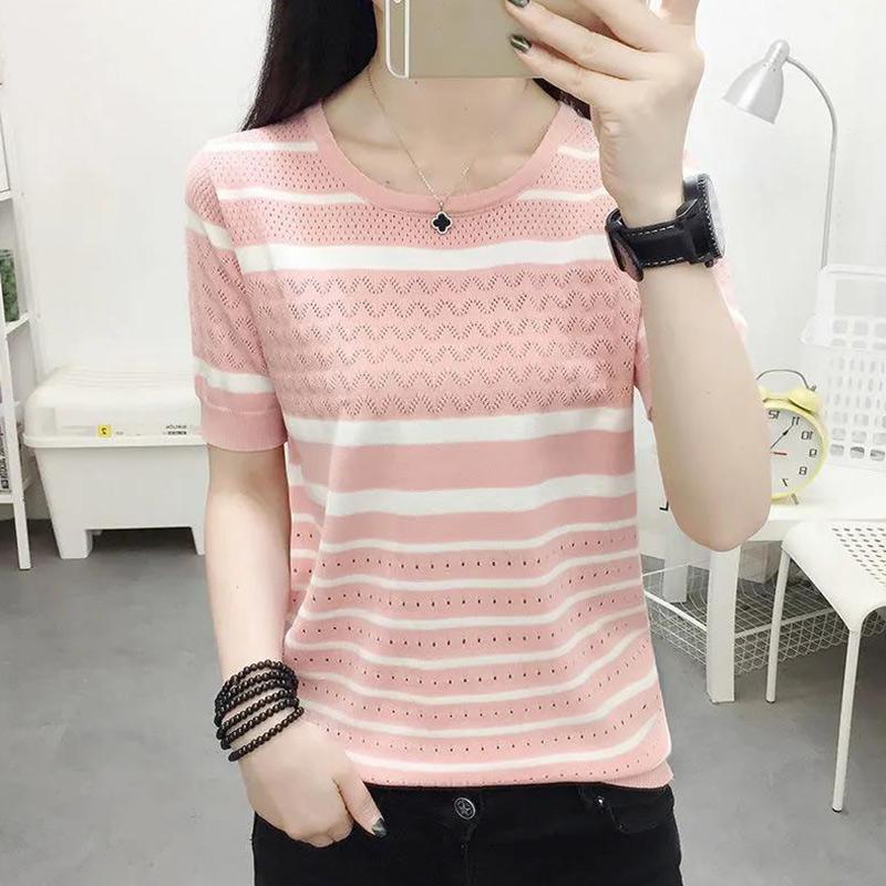 Ice Silk Sweater Girls Thin Short-sleeved Hollow Top Summer Loose Striped T-shirt Fashion and Elegant