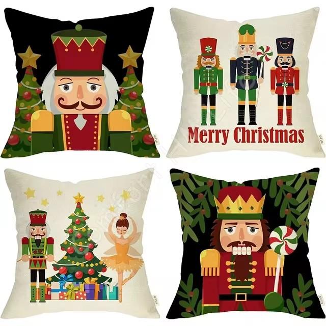 Merry Christmas Nutcracker Decorative Throw Pillow Cover Set of 4 Xmas Tree Cartoon Wooden Soldier Toy Porch Patio Home Decor
