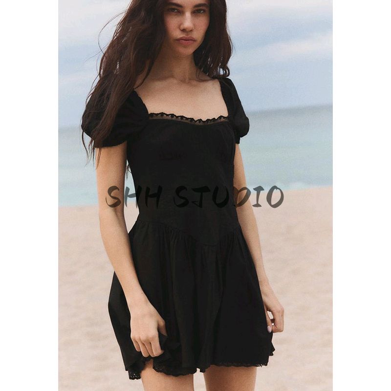Spring and Summer New Women's Clothing Wide Pleated Design Puffy Short Sleeve Lace Poplin Square Collar Short Dress 5107304