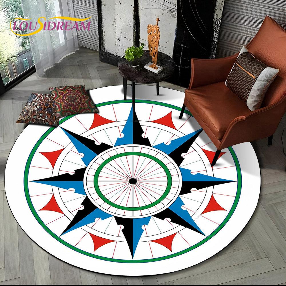 3D Retro Compass Series Circle Area Rug,Round Carpet Rug for Living Room Bedroom Sofa Foot Pad Decor Non-slip Floor Mat Gift