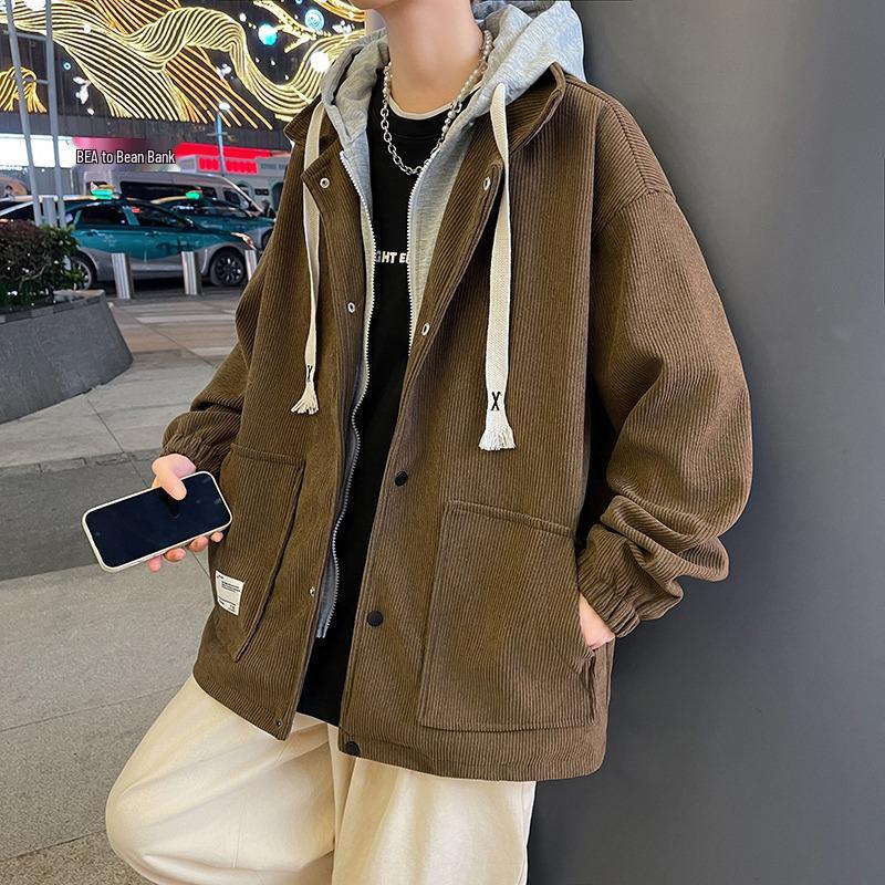 Trendy Men s Hooded Corduroy Two-Piece Look Jacket for Teens - Spring/Autumn 2025 XL